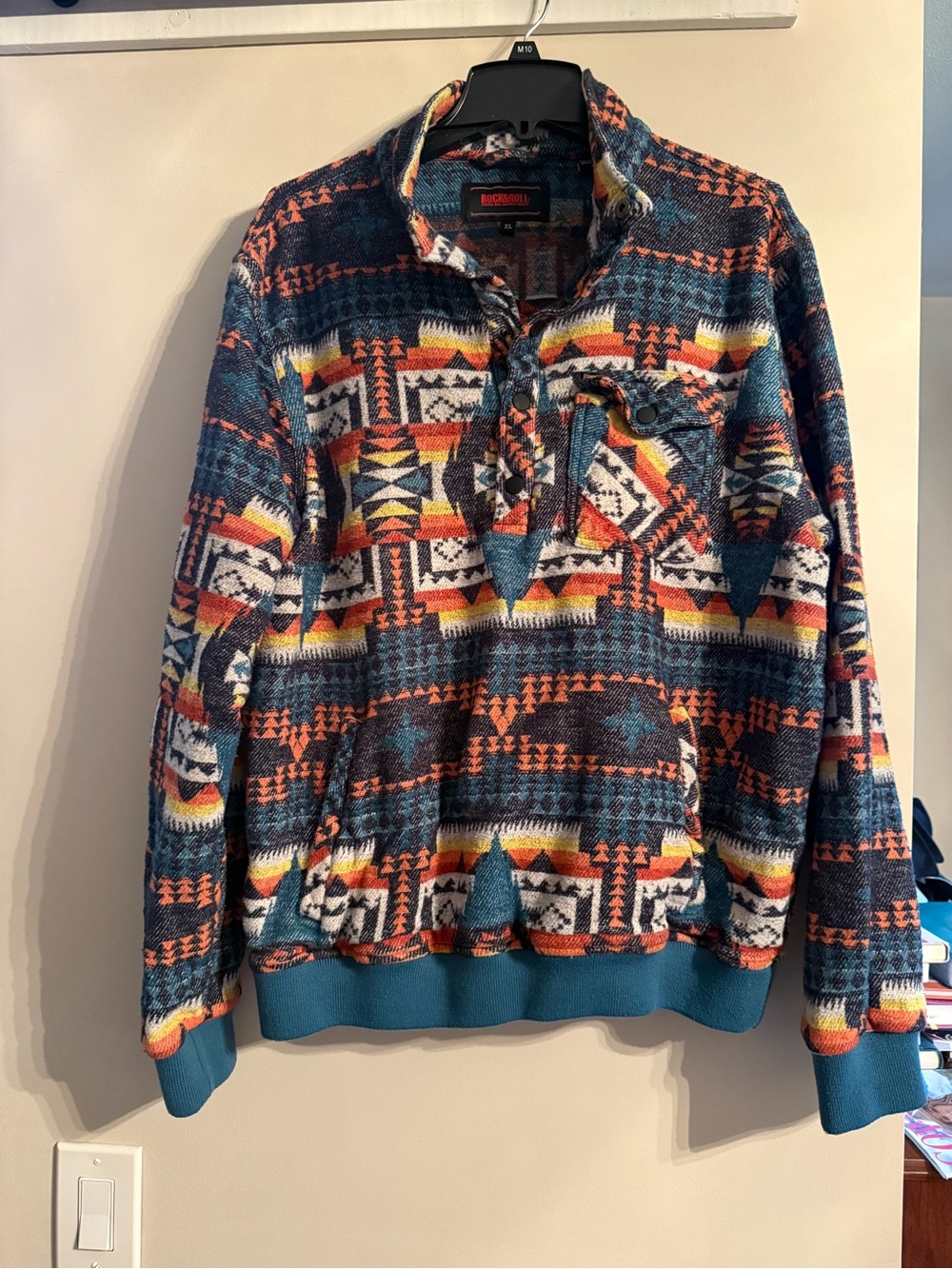 Men's Rock N Roll Denim Brand Aztec Pullover Sweater - Teal/Multi